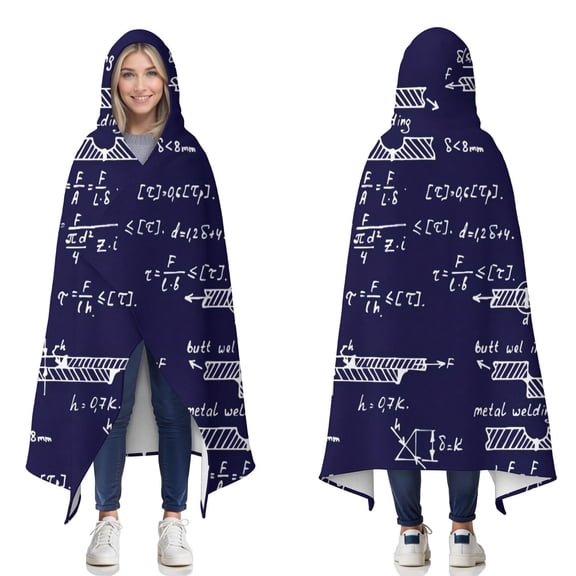 Wearable Blanket,Math Equations Engineering Diagrams Navy Pattern Hooded Wearable Flannel Blanket for Adults & Teens,Winter Poncho Shawl Wrap Cape Cozy Anti-Pill,50"x60"