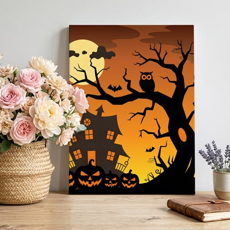 Halloween Canvas Wall Art for Living Room Castle Moon Bald Tree Poster Print Painting for Bedroom Office Home Decoration Wall Pictures Prepare To Hang 12 x18