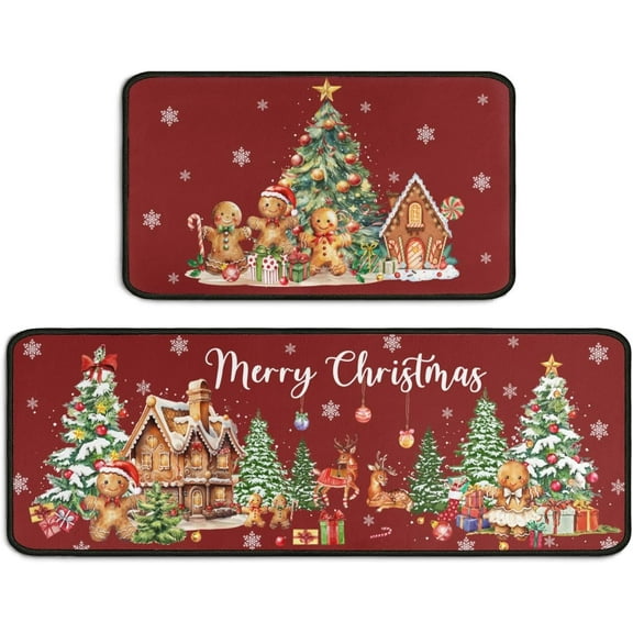 Christmas Kitchen Rugs Set of 2, Snowman Christmas Tree Christmas Rugs, Non-Slip Washable Kitchen Mats, Winter Christmas Kitchen Decor, Kitchen Rug for Holiday Sink Front Porch, Red 17x30 17x47 Inch