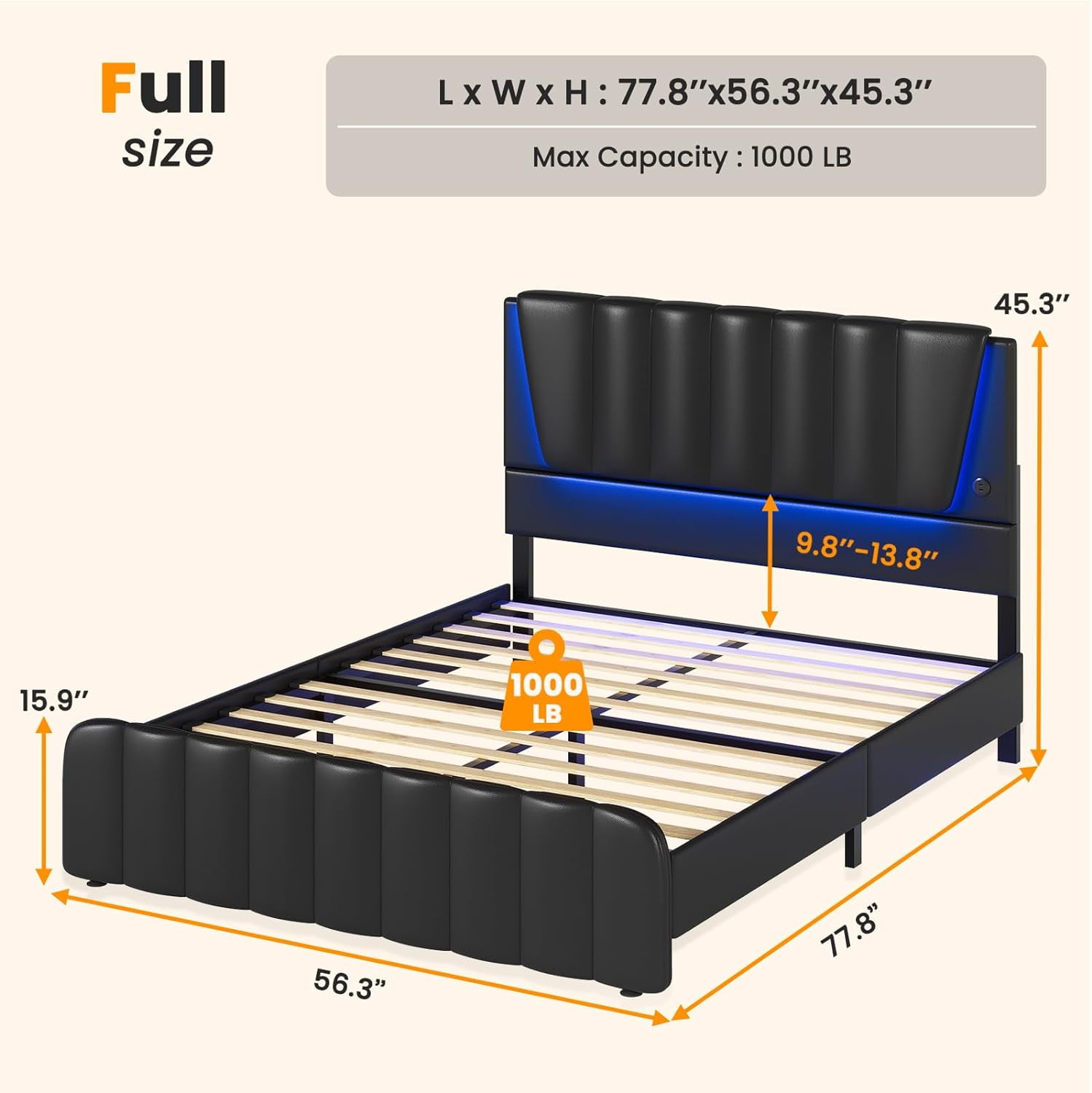 LED Bed Frame Queen Size Upholstered Platform Bed Frame with LED Lights and Headboard and 4 Storage Drawers, 2 USB Ports, No Box Spring Needed, Black