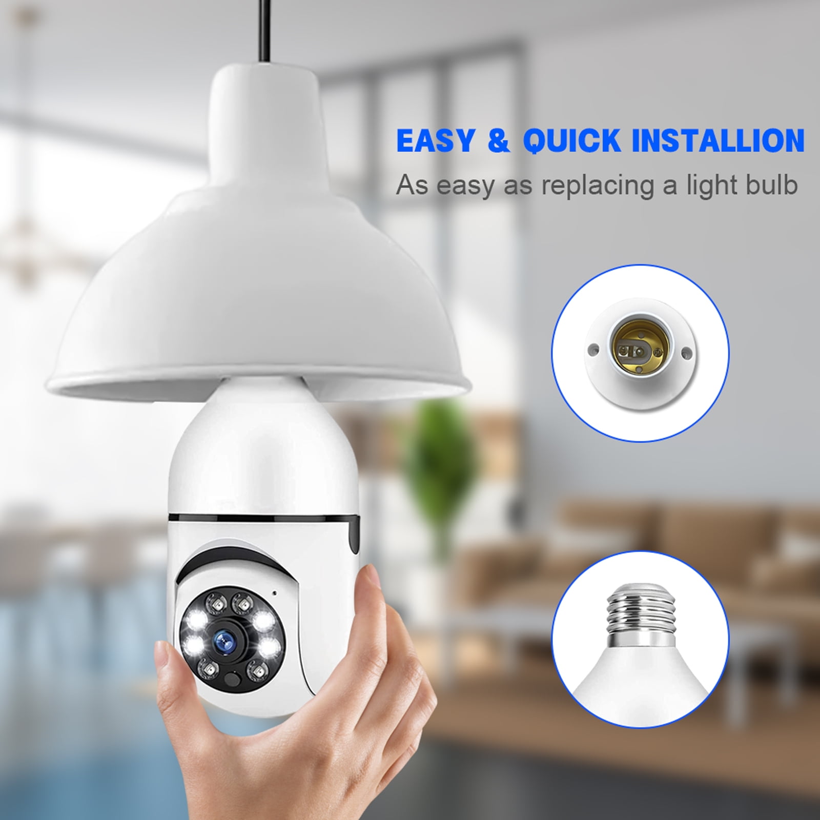 1080P Light Bulb Camera, Wireless 2.4GHz WiFi Home Security, 360° Surveillance Cam with Motion Detection Alarm Night Vision Light Socket Camera