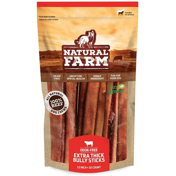 Natural Farm Bully Sticks for Dogs, Extra Thick, 12 Inches, 10 Pack