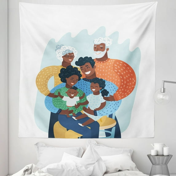 African American Tapestry, Happy Cozy and Multi-Generation Family Scene, Fabric Wall Hanging Decor for Bedroom Living Room Dorm, 5 Sizes, Pale Blue Multicolor, by Ambesonne