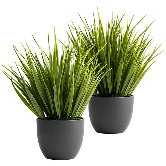 2 Pcs Tabletop Artificial Grass Plants, Height 7.9 in / 20 cm Decorative Faux Greenery Plant, Potted Black Pots, Plastic Artificial Grass Plants for Indoor Outdoor Decor