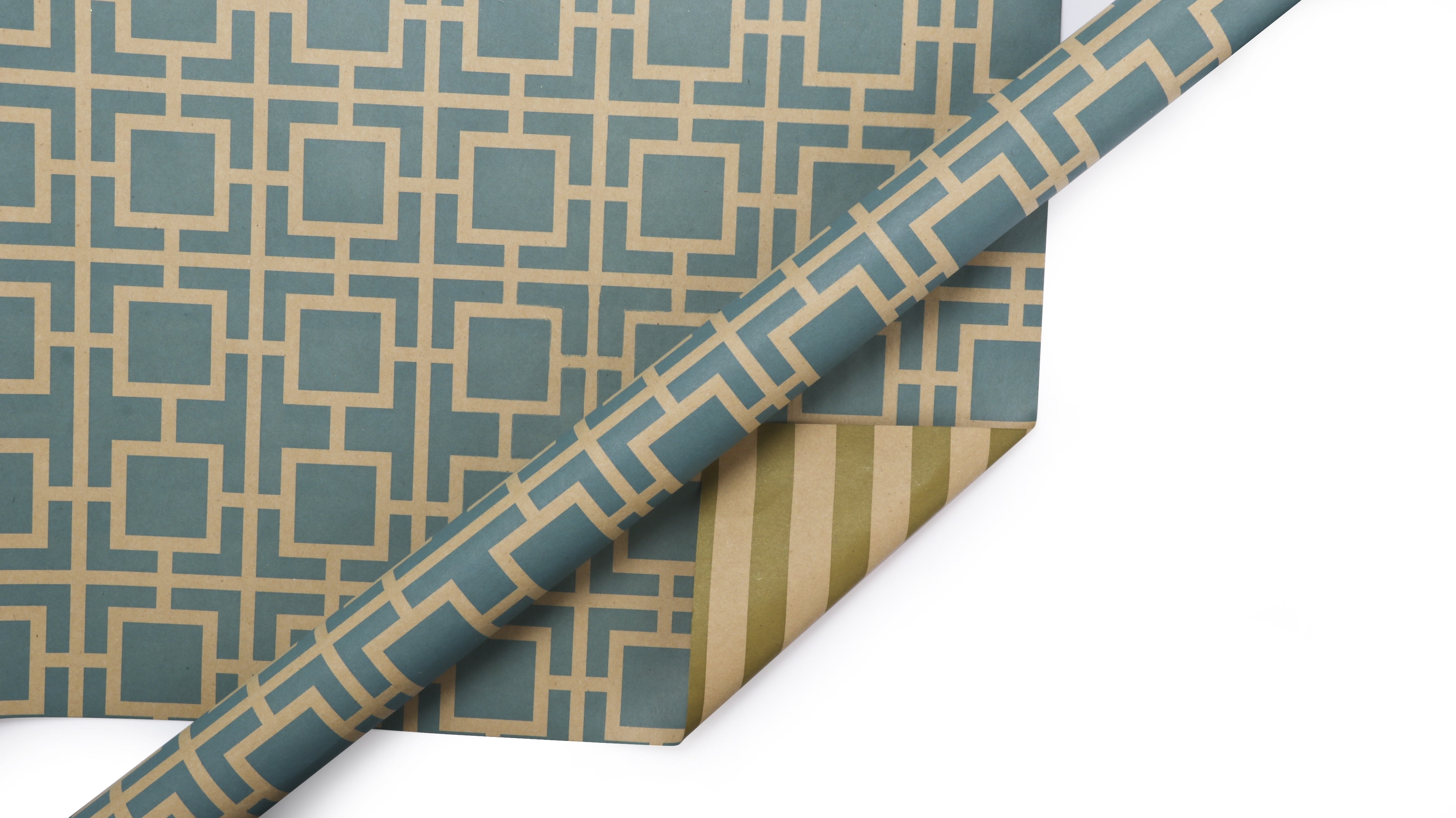 LaRibbons Reversible Geometric & Stripes Kraft Wrapping Paper Sheets Turquoise/Gold/Natural (4) 76cm x 50cm Sheets