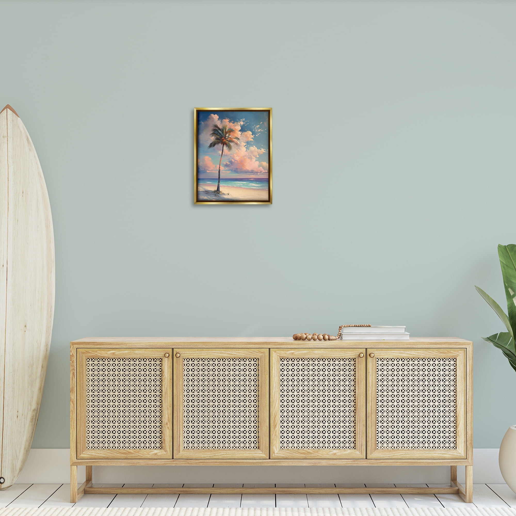 Stupell Industries Bright Hued Beach Palm Nautical & Beach Painting Gold Floater Framed Canvas Art Print Wall Art, 17 x 21