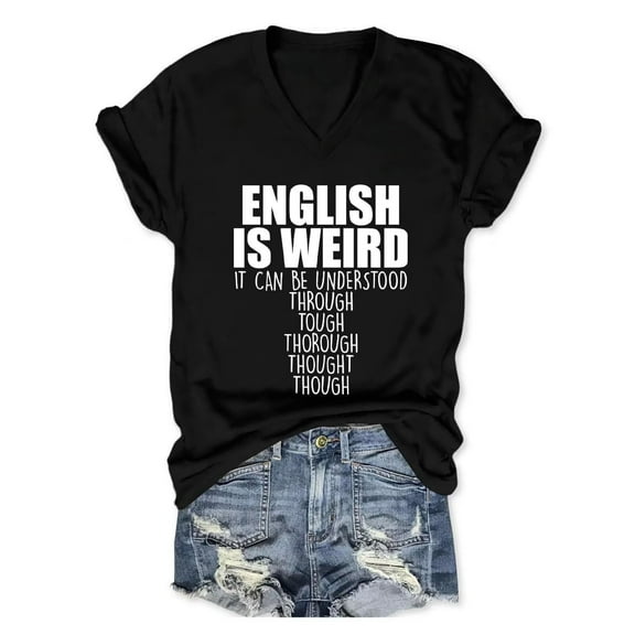Bovemsi English Teacher Shirt Women English Is Weird V Neck Graphic Tees Tshirt Language Lover T Shirt Grammar Teacher Tops, Black Women's Summer Short Sleeve T-Shirts, M