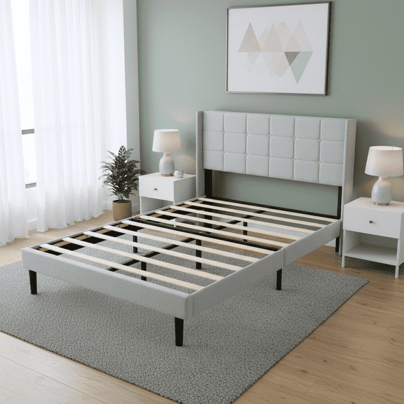 Full Size Upholstered Platform Bed Frame with Tufted Wingback Headboard, Linen Fabric Bed Base with Wooden Slat Support, No Box Spring Needed, Grey