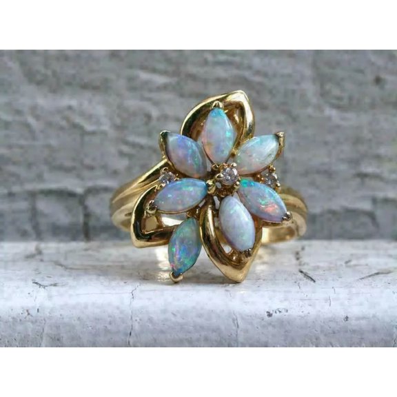 Flower Vintage Unique Engagement Ring For Women 2Ct Marquise Cut Opal 14k Yellow Gold Over - 13