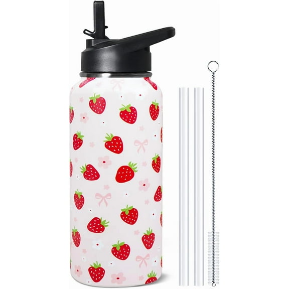 32oz Strawberry Stainless Insulated Aater Water Bottle with Straw,Strawberry Floral Gym Hiking Sports Coffee Mug Cup Water Bottles,Strawberry Themed Gifts for Women,Strawberry Decor Stuff Accessories