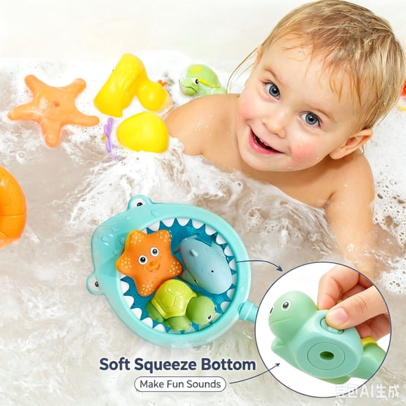 Bath Toys for Toddlers 1-3, Fishing Net Bathtub Toys with Squeaky Floating Ocean Animals, Soft Squeeze Baby Bath Toys for Infants 6 12 18 Months, Water Play Pool Toys Gift for Baby Boys Girls