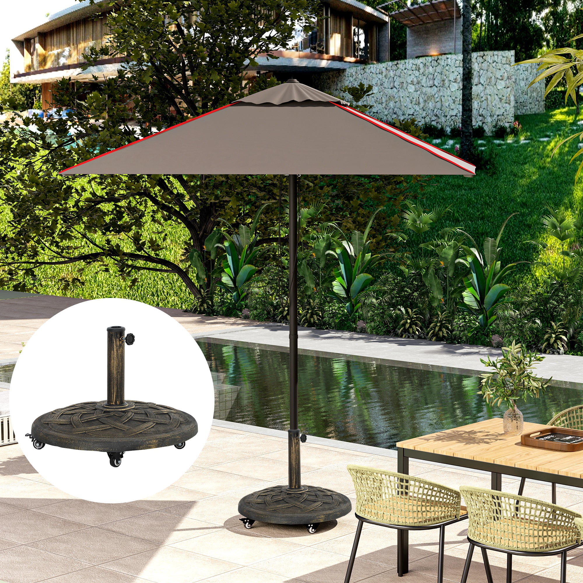 Outsunny Round Patio Umbrella Base with Wheels, 44 lbs Resin Umbrella Stand Base, Patio Umbrella Holder for 1.3"/1.5"/1.9" Umbrella Poles, Bronze