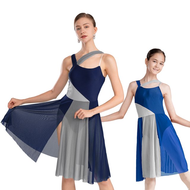 Manyakai Robe de Danse Contemporaine en Maille Superposée pour Femmes Costume de Justaucorps Lyrique Bleu Marine TP