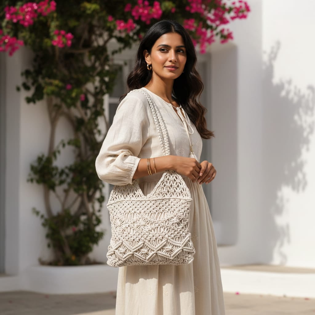 Fibre Gold Handwoven Macrame Tote Bag for Women | Cotton Eco-Friendly Shoulder Handbag