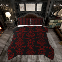 Manfei Black Red Damask Flower Queen Comforter Set, Tribal Hippie Mandala Bedding Sets, Teen Adult Female Man Reversible Bedding Comforter Set, Lightweight Room Decor, 3pcs