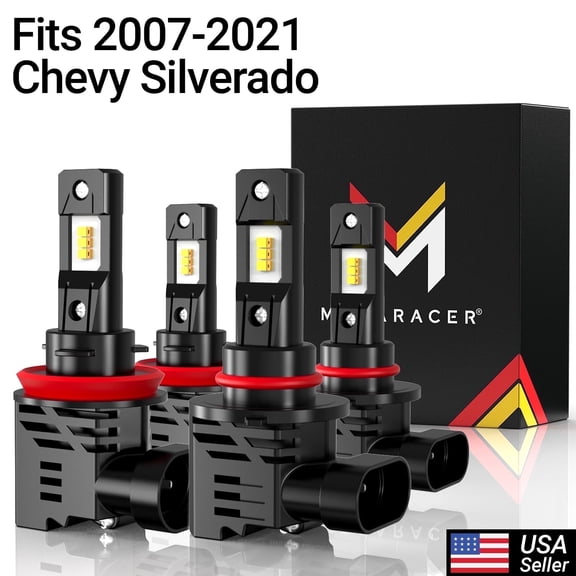 Mega Racer 2007-2021 Chevy Silverado Wireless H11 9005 LED Headlight Bulb Combo 4 Pack - 6500K Bright White 12V 50W 12000LM - High & Low Beam Replacement Car Bulbs