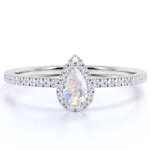 JeenMata Delicado Anillo de 1 Quilate con Halo de Moissanita y Piedra Lunar Arcoíris en Forma de Lágrima en Oro Blanco de 18 K sobre Plata