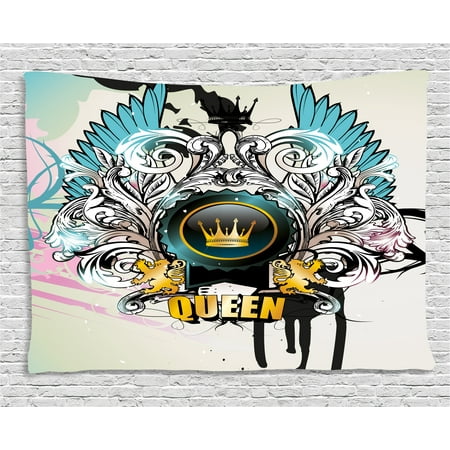 - Queen Tapestry, Artistic Design Arms Shield with Crown Wings and Victorian Floral Elements Imperial, Wall Hanging for Bedroom Living Room Dorm Decor, 60W X 40L Inches, Multicolor, by Ambesonne
