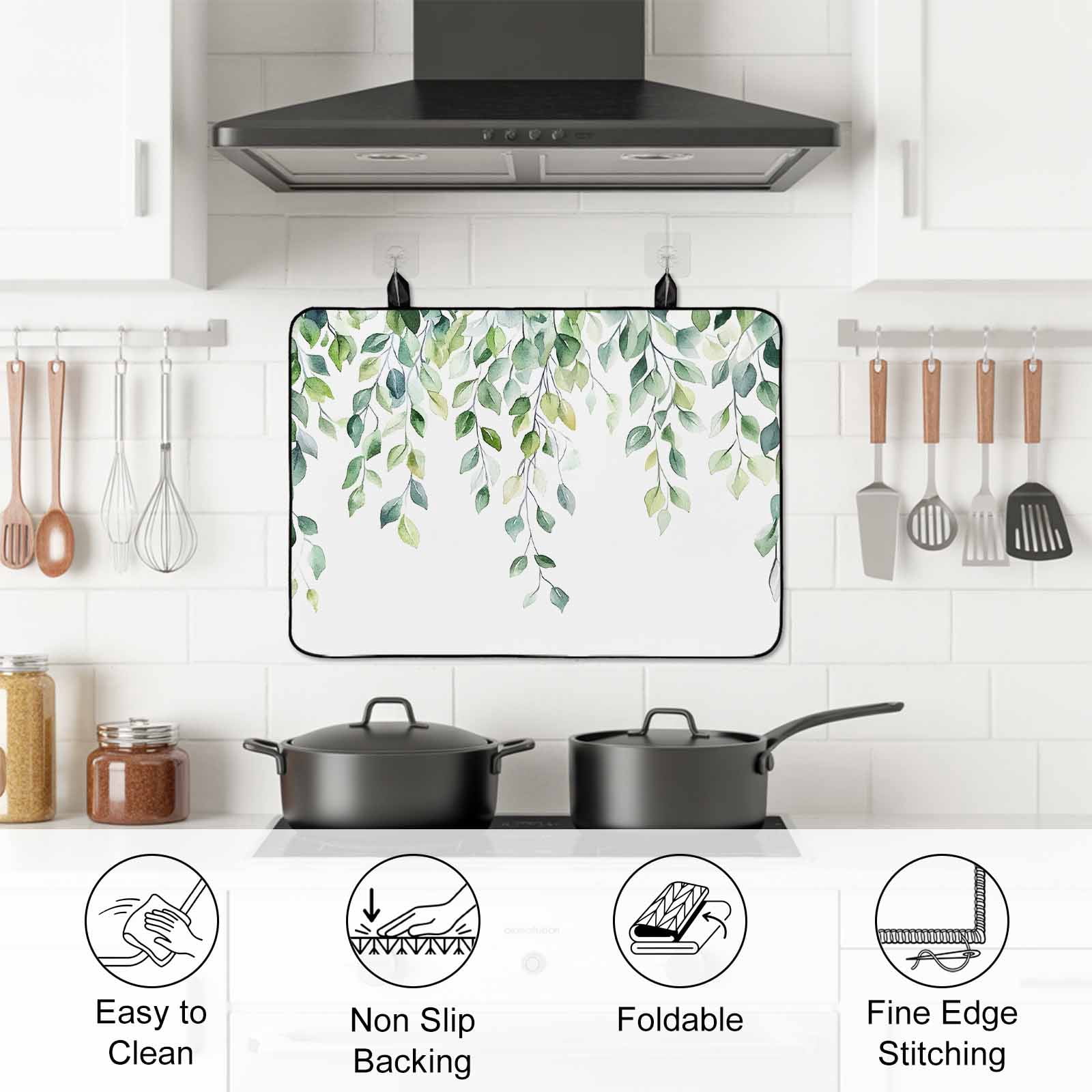 Spring Eucalyptus Leaves Stove Top Cover for Electric Stove, Heat-proof & Non Slip Glass Top Stove Cover Protector, Botanical Summer Kitchen Flat Cooktop Rubber Mat 24x21 Inches