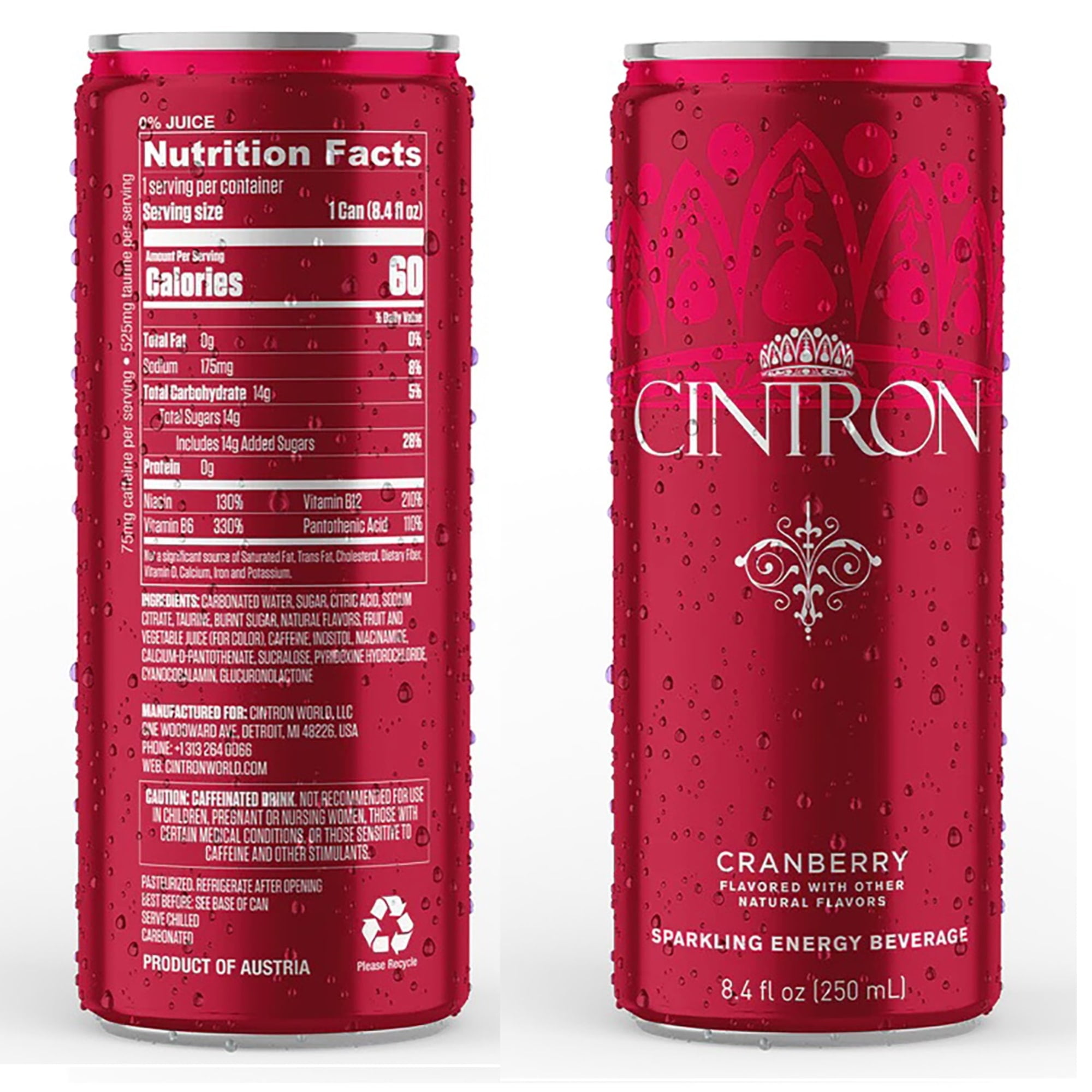 Cintron Sparkling Cranberry Caffeinated Energy Drink 12PK- Healthy Alternative W/ Less Calories