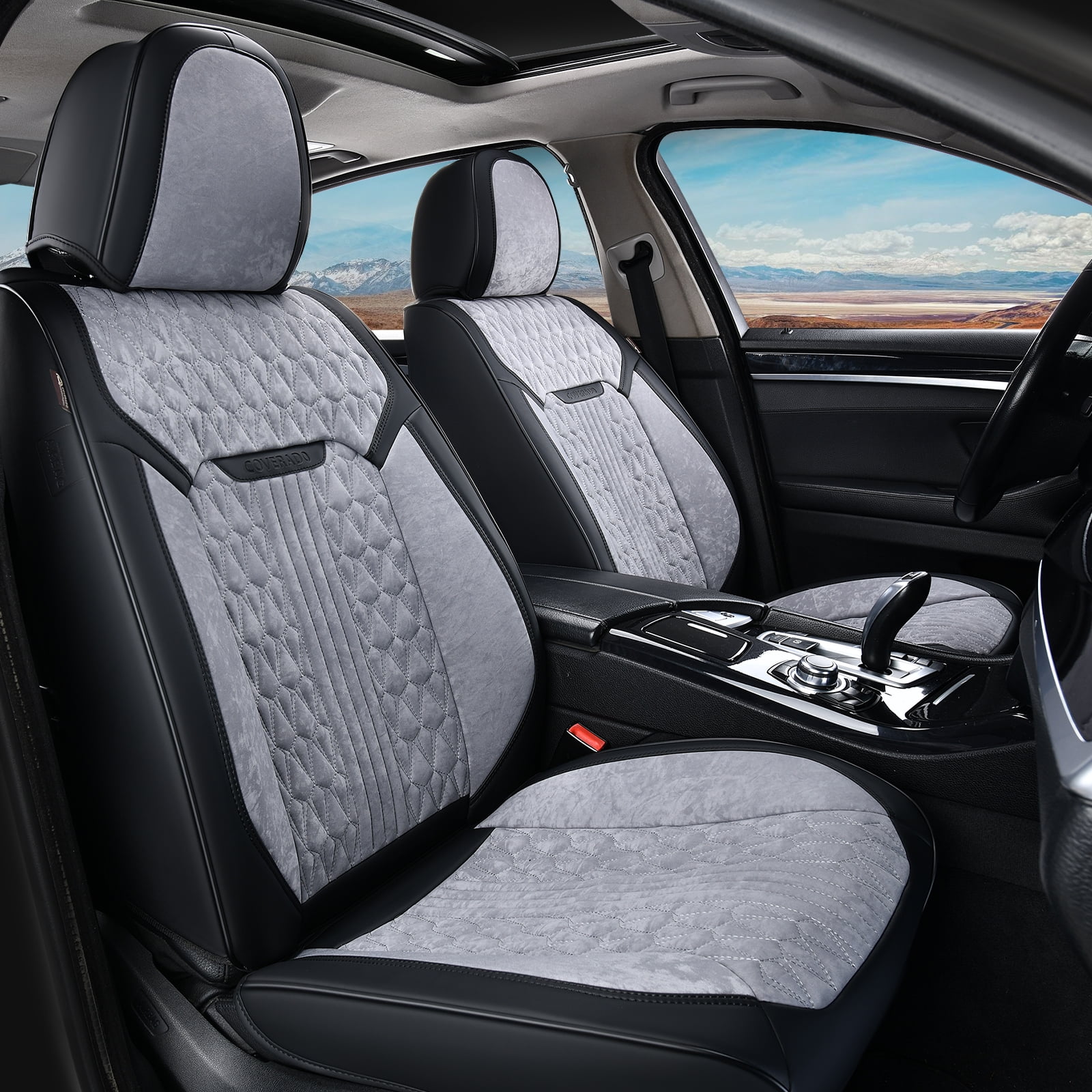 Coverado Full Set Car Seat Covers, Front and Back Seat Protectors, Faux Leather & Flannel Fashion Auto Accessories, Universal Fit Most Cars, SUVs Pickup Trucks, Black&Gray