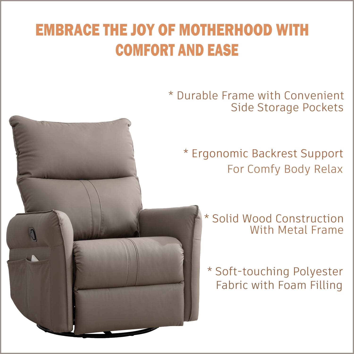 Kadyn Rocking Recliner Chair, 360 Degree Swivel Nursery Rocking Chair, Home Theater Seating with USB Charging Ports for Living Room Bedroom, Brown