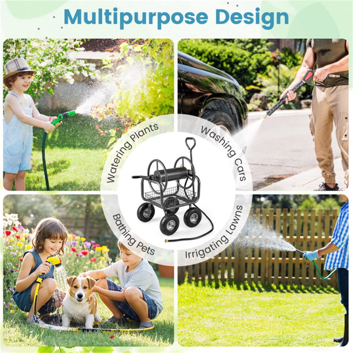 Heavy Duty Garden Hose Reel Cart 10" Pneumatic Wheels Large Capacity Hose Winder with Storage Basket & Brass Fittings Mobile Outdoor Water Hose Holder for Garden Lawn Gray