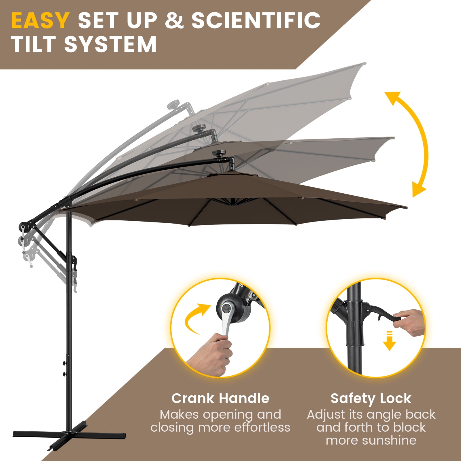 Topbuy 10FT Solar Offset Umbrella Tilted Cantilever Umbrella with 112 LED Lights Lighted Patio Sun Shade with Crank Handle Coffee