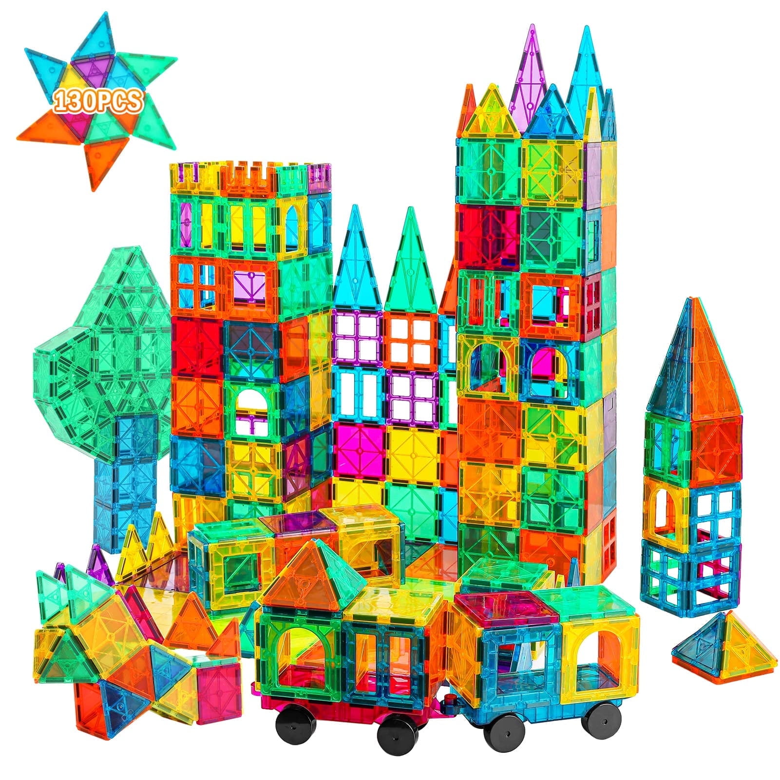 BMAG Magnetic Tiles Toys for Kids, 130pcs Starter Set 3D Magnet Building Blocks Construction,STEM Learning Educational Toddlers Toy Gift, with 2 Cars