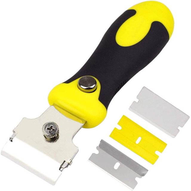 Rascavidrios con 4 cuchillas de acero inoxidable, horno, rascador vitrocerámica, limpiador de horno, rascador vitrocerámica, para placa de inducción y conjunto vitrocerámica y horno (amarillo) JFHHH pequeña