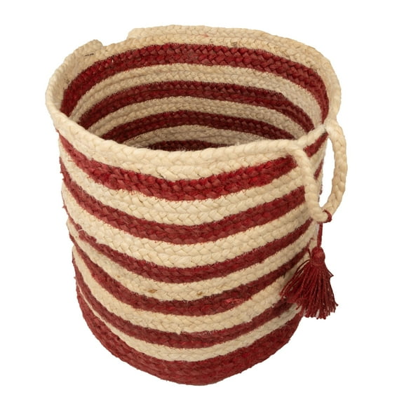 Laddha Home Designs 19" Ivory and Red Striped Hand Woven Storage Basket with Handles