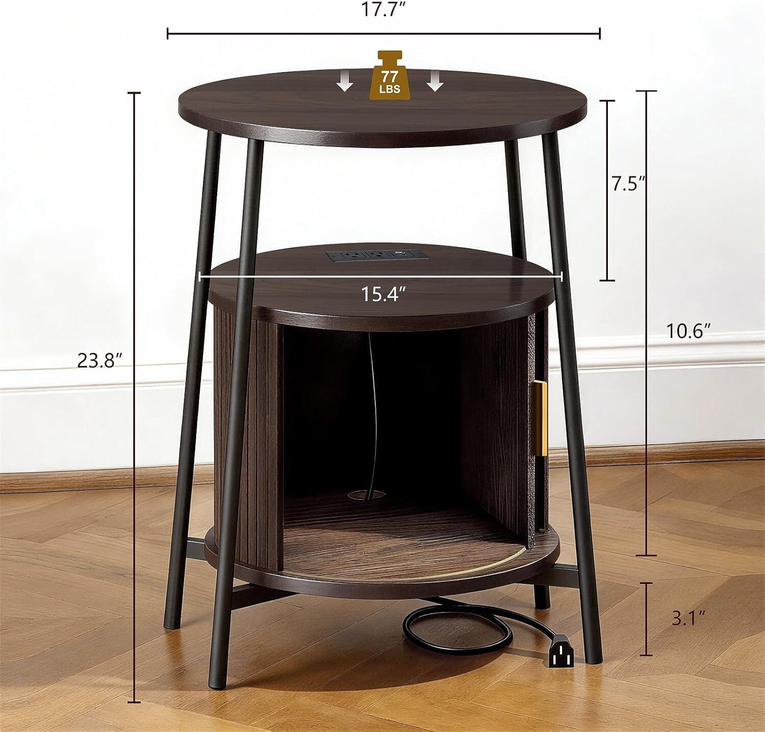 avobird Round End Tables Charging Station, Fluted Accent Side Table with Sliding Door, Mid-Century Modern Nightstand for Small Space Storage, Living Room, Bedroom,Sofa, Coffee