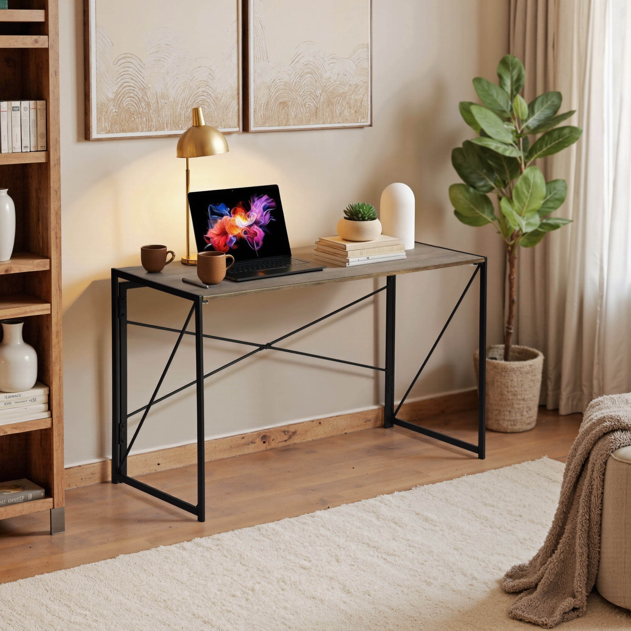 Homy Casa 47" Folding Table, Dark Walnut Wood Top with Black Metal X-Frame for Home Office or Dorm Use