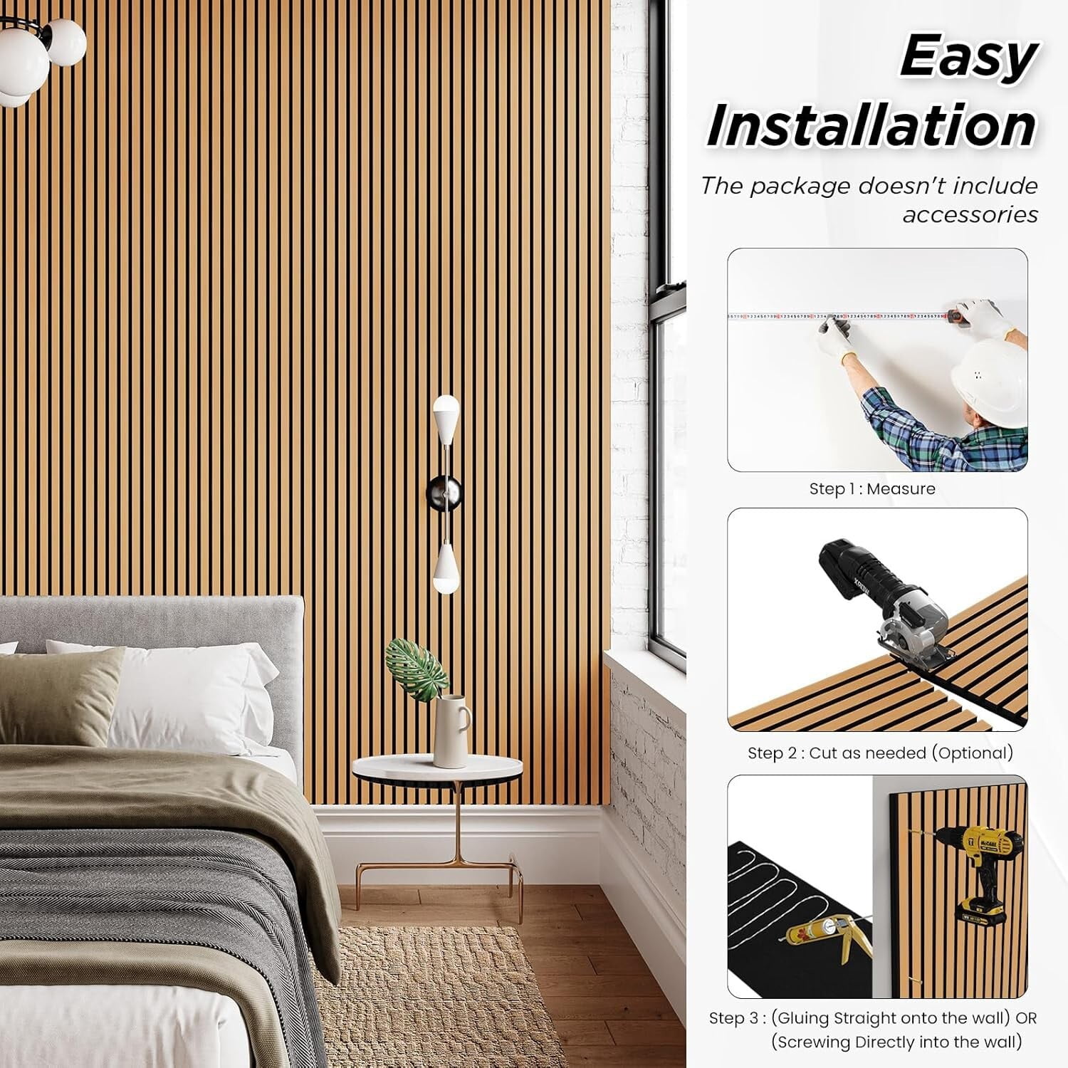 Easy4Home 2Pcs Acoustic Wood Slat Wall Panels 106"x20.5" Soundproof 3D Fluted Decorative Panels, Light Brown