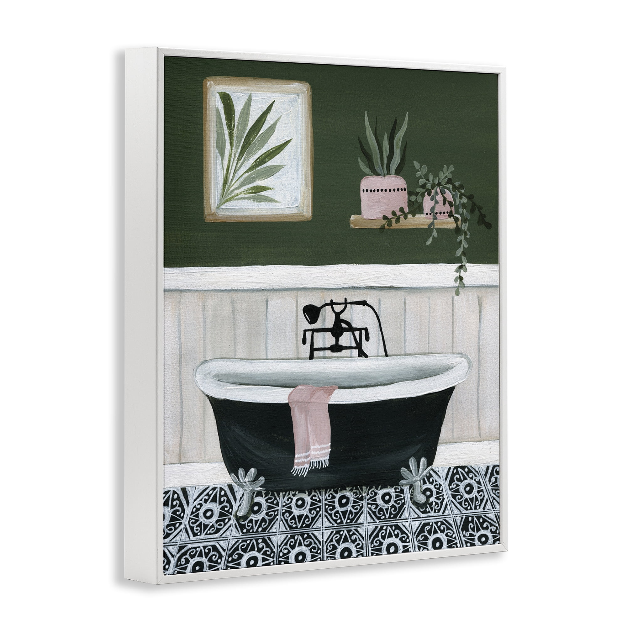 Stupell Industries Green Bathroom Scene Typography Painting White Framed Art Print Wall Art, 16 x 20