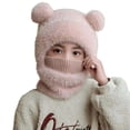 thumbnail image 3 of lnmuld Solid Kids Double Pom Pom Bear Ear Balaclava Hat Knit Face Cover Integrated Neck Warmer Winter Hat for Boys Girls Pink,One Size, 3 of 4