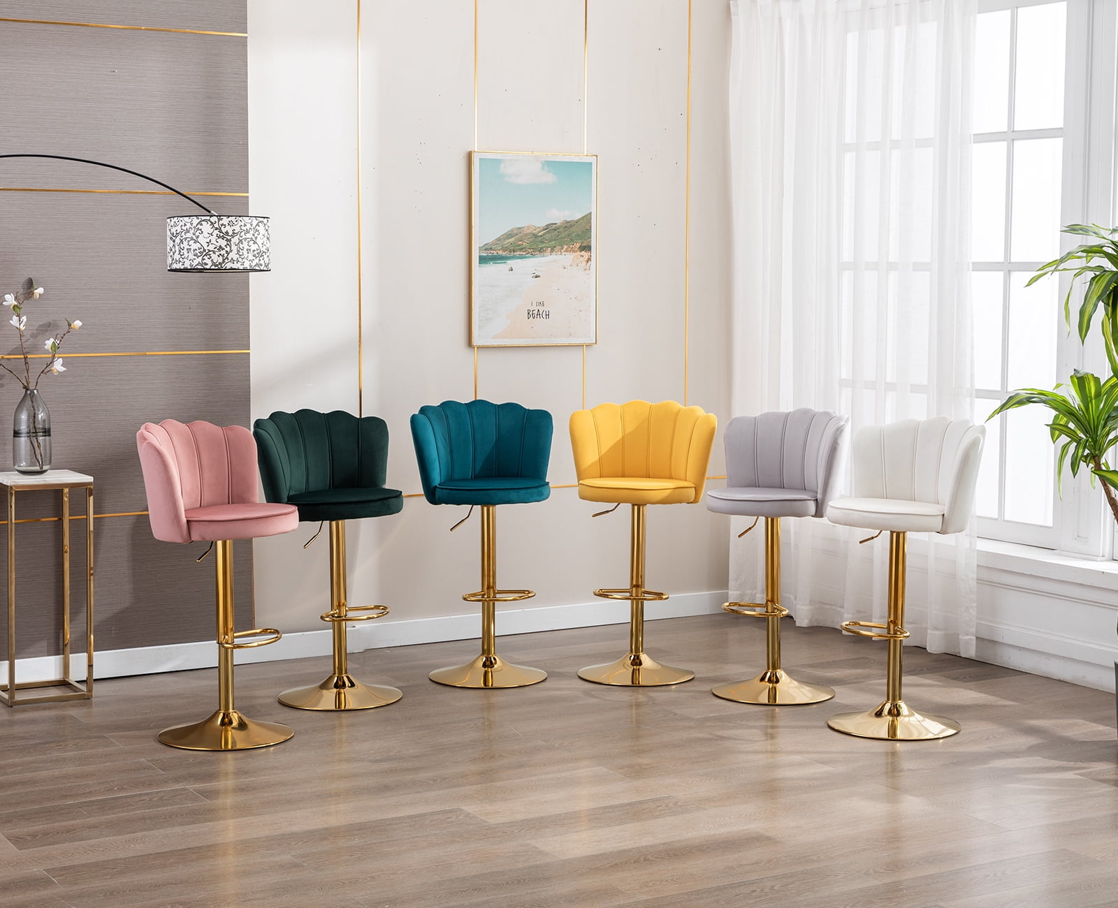 Guyou Swivel Adjustable Bar Stools Set of 2, Velvet Counter Height Barstools with Petal Back and Gold Footrest, Modern Counter Bar Height Stool Chairs for Kitchen Island Bar Cafe, Cream