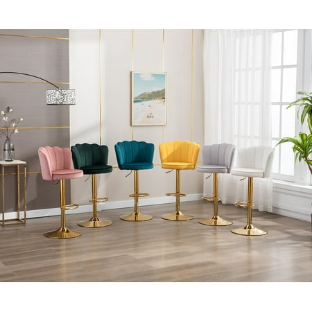 Guyou Swivel Adjustable Bar Stools Set of 2, Velvet Counter Height Barstools with Petal Back and Gold Footrest, Modern Counter Bar Height Stool Chairs for Kitchen Island Bar Cafe, Cream