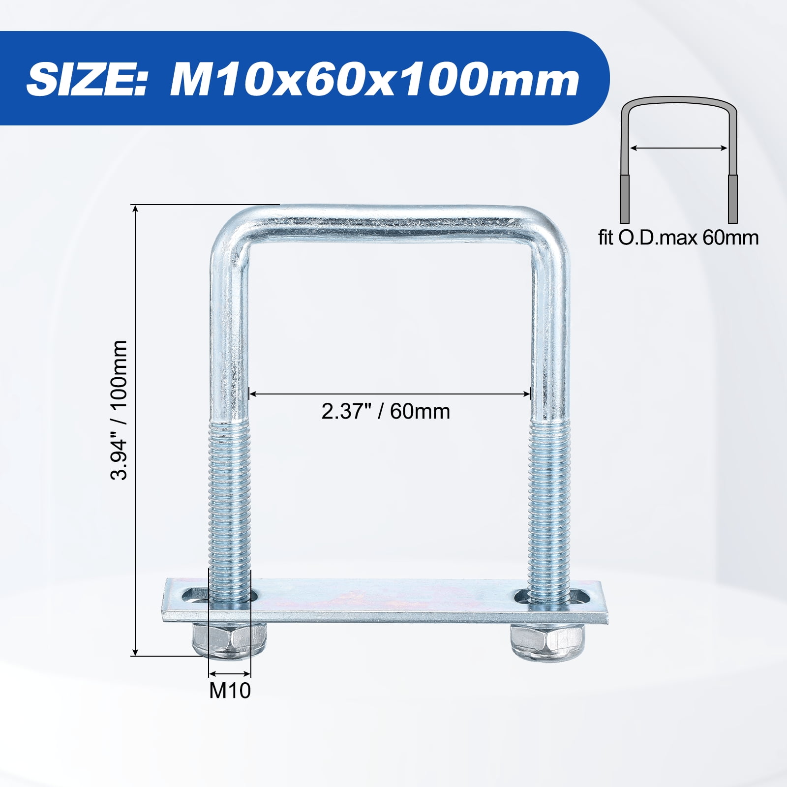 U Bolts 2Set (M10x60x100mm), Square U Bolt Kits Carbon Steel with Nylon Lock Nut Washers Plates - for Construction, Pipe, Trailer, Automotive, Leaf Spring Fastener
