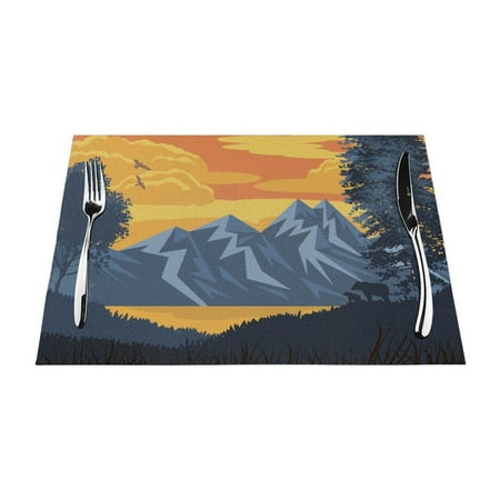 

ZNDUO Placemats 6 PCS Heat Resistant Stain Resistant Woven PVC Insulation Placemats Durable Washable Elegant Table Mats for Dining-Mountains Sunset Forest 18 x12