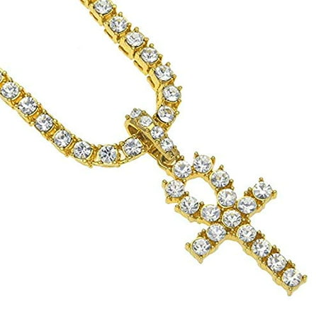 - ICED Out ANKH Cross Pendant Tennis Chain White Gold Silver Hip Hop Necklace (Gold)