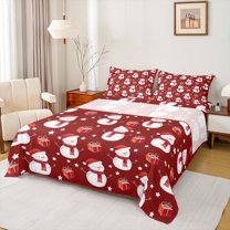 Manfei Kids Red Snowman Queen Sheet Sets, Kawaii Christmas Gifts Flat Sheet, Cartoon Stars Print Queen Fitted Sheet, Luxury Bedroom Decor, 4 Pieces