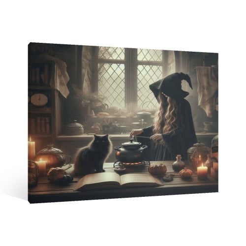 Vintage Halloween Witch Canvas Wall Art Painting, Retro Horror Creepy Dark Poster, Halloween Gothic Artwork Picture Print Decor, Spooky Ghost Wall Decor for Bar Living Room Bedroom Party Framed
