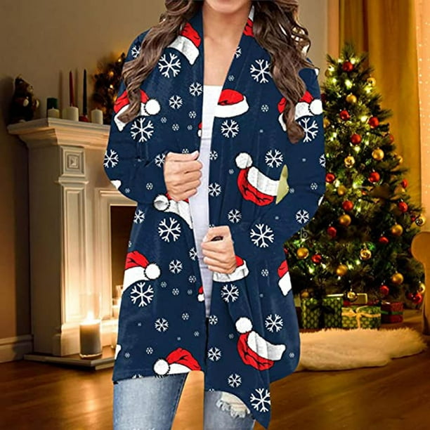 Camiseta de manga larga para mujer a la moda, cárdigan de Navidad con frente abierto de otoño, prendas de vestir exteriores holgadas, blusa estampada, abrigo, Tops Fridja po3011