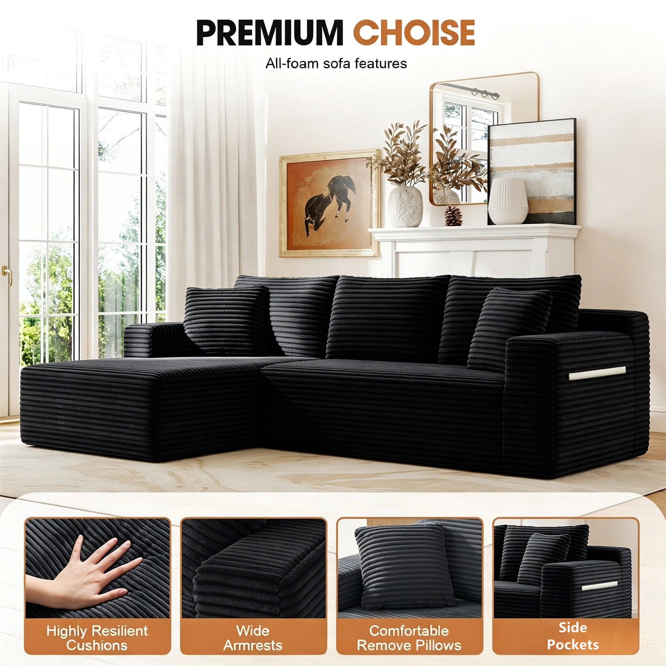 Aukfa 95" Cloud Sectional Sofa Deep Seat Boneless Couch Modular L-Shaped Couch, Left Chaise Corduroy Sofa for Living Room, Black