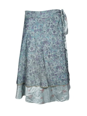 Mogul Women Blue Silk Sari Wrap Skirt Two Layer Vintage Printed Beach Bikini Cover Up Resort Wear Sarong Dress