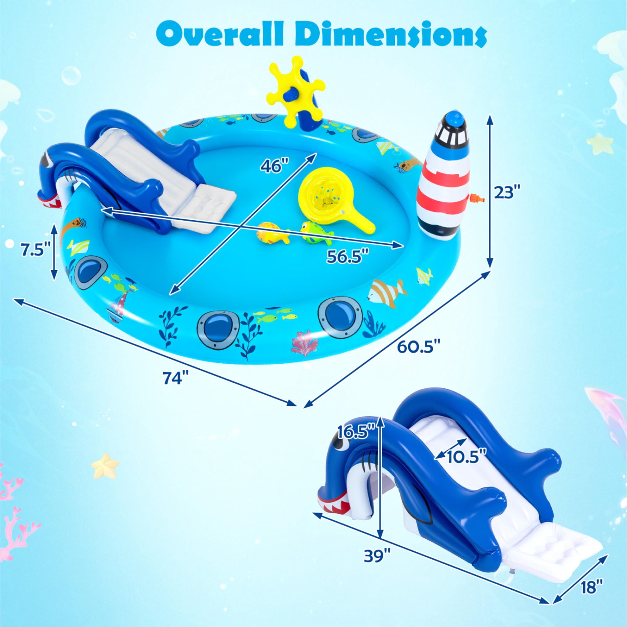 Inflatable Play Center Marine Life Spray Pool with Shark Slide, Lighthouse Sprinkler & Fishing Game, Outdoor Kids Water Play Pool for Toddlers 2-6 Years, Summer Backyard Fun