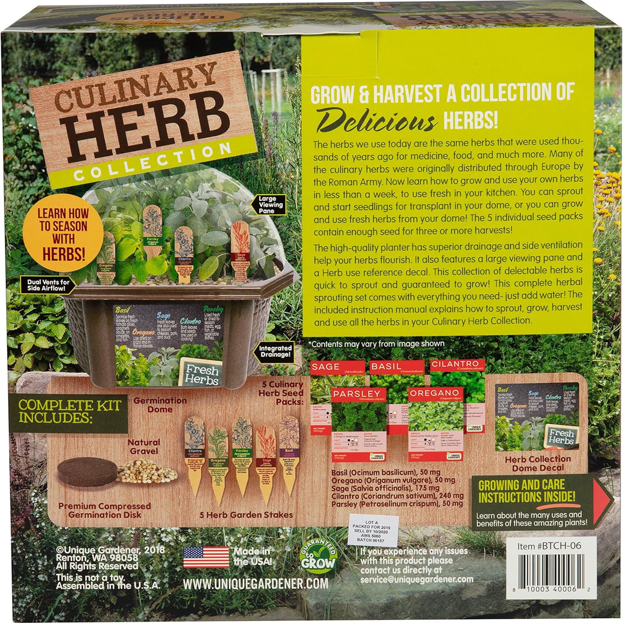Unique Gardener: Culinary Herb Collection - DIY Biosphere Terrarium Starter Kit, Grow 5 Different Delicious Herb Plants, Kitchen Window Indoor Garden
