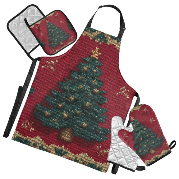 Christmas Tree Weave Apron Set with Oven Mitts Pot Holders Set of 5 Kitchen Stuff Accessories