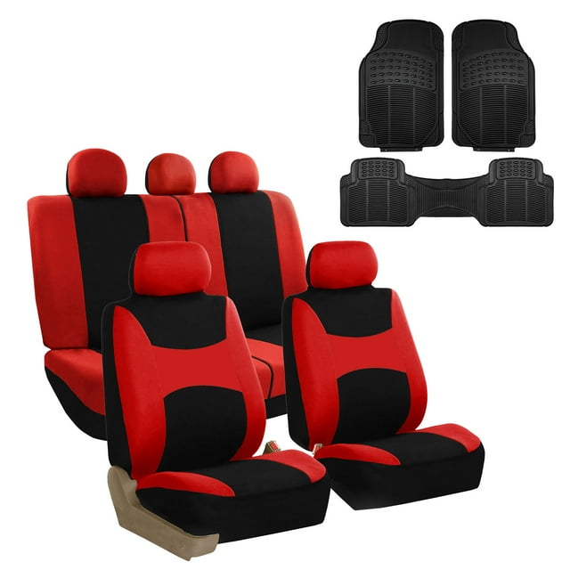 FH Group Car Seat Covers Light & Breezy Flat Cloth, Full Set w/ Trimmable Vinyl Floor Mats